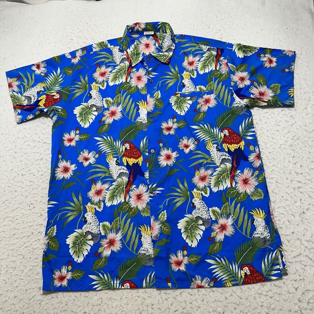 Double Decker Men's Large Hawaiian Button Up Shirt Parrots Cockatoo Birds